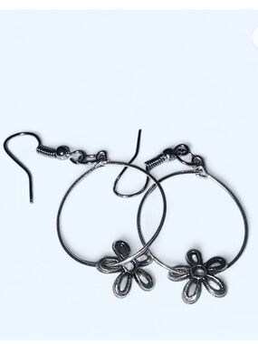 Silver Floral Hoop Earrings for Women - Dangle Flower Charm